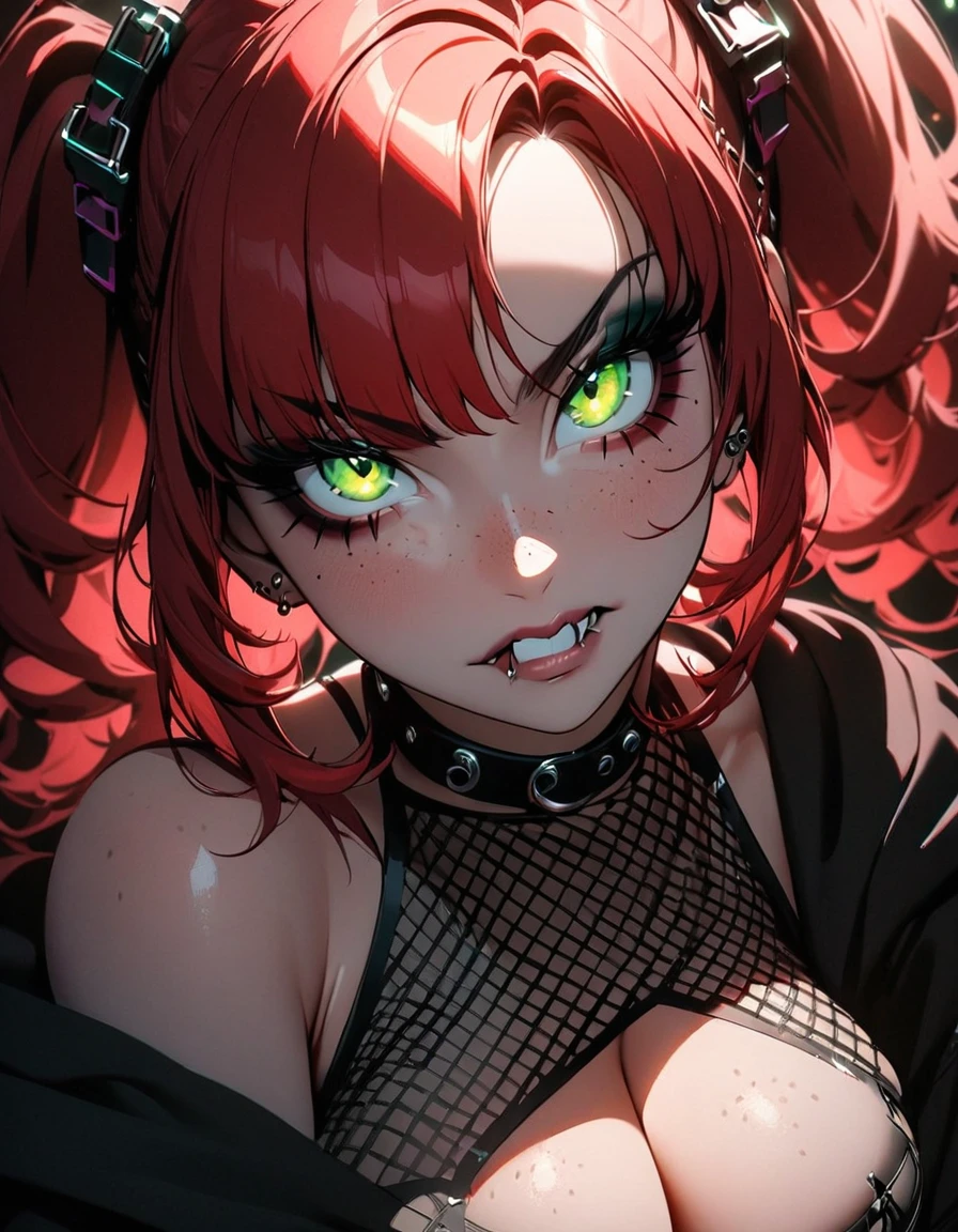woman, curly red hair in pig tails, green eyes, eye shadow, black hoodie, black finger-less gloves, exposed shoulders, large breasts, freckles, cleavage, fishnet undershirt, looking at viewer, Holo-Punk Style, goth, eyelashes, makeup, punk aesthetic, cinematic lighting, masterpiece, best quality, face close up, biting lip