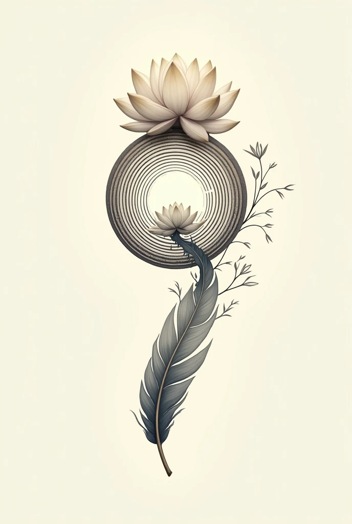 drawing (touch) of a feather stuck to a unalome and this to a lotus flower. All together. The feather at the bottom and the lotus flower above in the middle of the unalome
