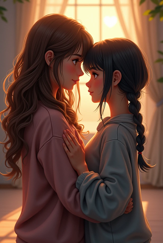 Two best friends, one tall with long brown hair and brown eyes, , and the other shorter in stature with black hair and black eyes with two braids and bangs, .