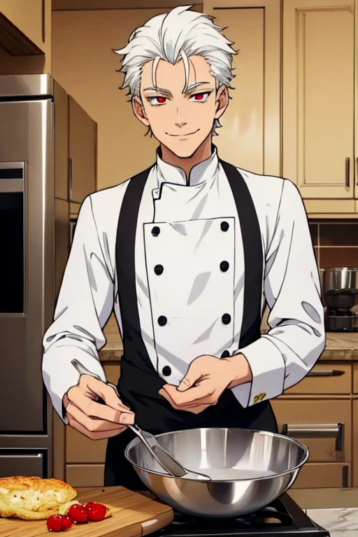 Perfect face. Perfect hands. A young white haired man with red eyes in a butler uniform is cooking while smiling in a fancy kitchen