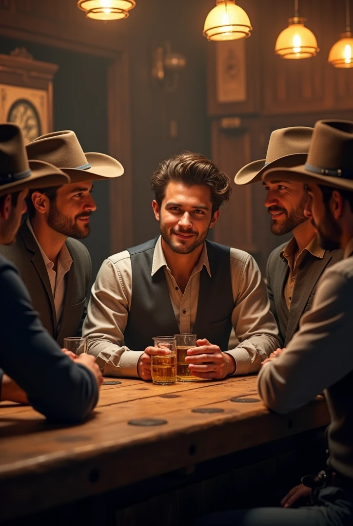 A handsome young man flirting with 5 handsome cowboy cowboy bar
