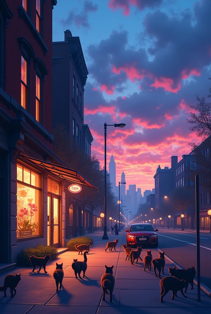 New York City, sunset of blue and purple in the background, A veterinary office with lights and 15 cats outside walking on the street