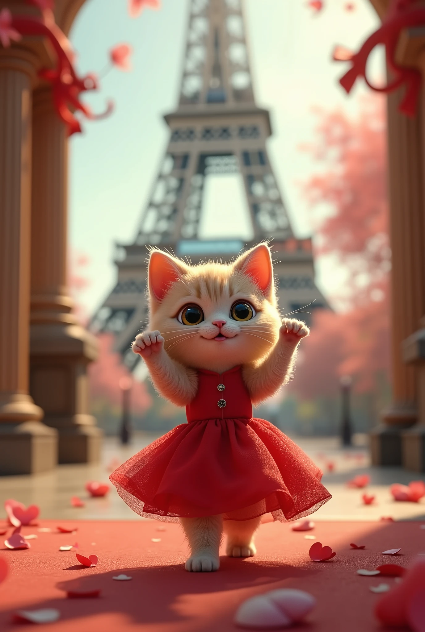 a small happy cat standing facing forward, front paws raised, big cute eyes, human expression with red dress walking in front of the Eiffel Tower, detailed 4k, hyper realistic, intricate details, photorealistic, cinematic lighting, vibrant colors, beautiful scenery, elegant, whimsical, magical, adorable