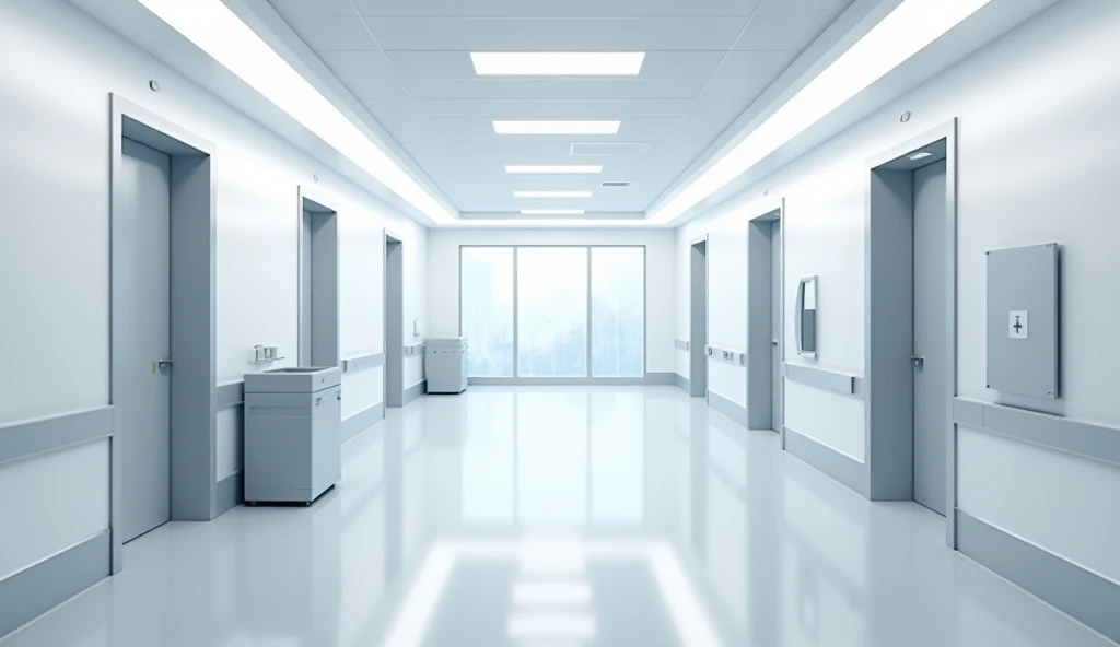 Make a modern hospital corridor with 4 empty doors