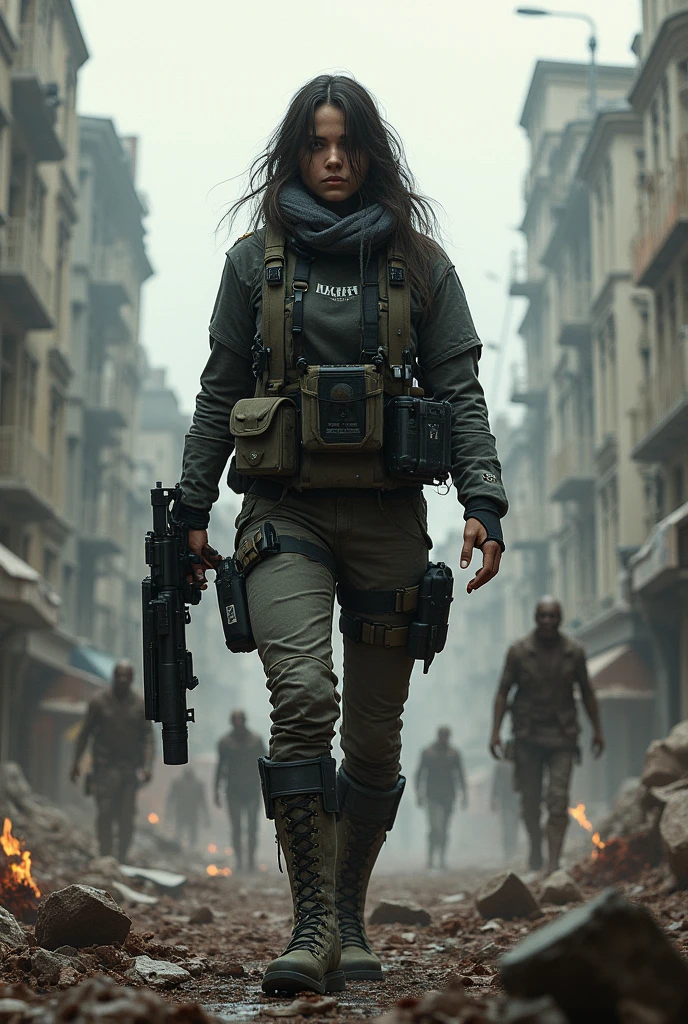 (sem escrita, sem titulos na imagem) Imagine uma capa para o livro "Fim", A Story of Survival in the Zombie Apocalypse. A capa apresenta um fundo escuro e opressivo, with vegetation of a destroyed city. No centro da capa, Destaques laura, The Fearless Villain, 29 anos, cabelos loiros, com roupa de soldado, She's in a pose of determination, com o olhar refletindo maldade. Ao redor de lauras, sombras sinistras de criaturas se destacam, conveying the constant threat she faces. The title "Fim" aparece em letras marcantes e impactantes, talvez com um efeito de textura ou sombreamento. detalhes sutis, as rubble or a symbol representative of the plot, can be added to accentuate the post-apocalyptic mood.