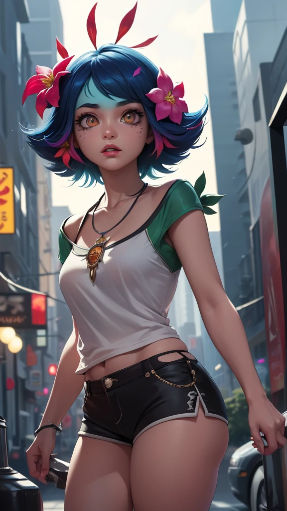 masterpiece,(best quality,top quality,8k),ultra detailed,illustration,painting,detailed eyes and face,1girl,neeko,facial marks, hair ornaments, hair flower, necklace,black shorts, (white t-shirt:1.1),(short hair), pretty girl, beauty skin, ultra high res, raw photo , detailed body , (looking at viewer ),(puffy eyes) ,good contrast , high sharpness,(gorgeous),realistic,RAW Photography,(hyperdetailed:1.2),city
