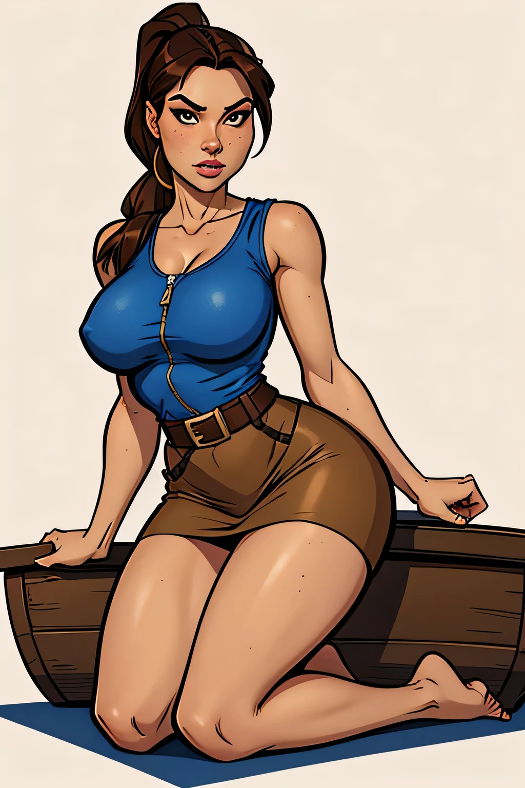 Thin woman (Lara Croft), age 25, 4K (High definition), thoughtful, seducing gaze, eyes browns, wearing a blue boat neck t-shirt and a long beige skirt with a brown belt and side zipper, arms positioned at the side of the body, brunette skin, long brown hair tangled (pony-tail), kneeling (barefoot), full of curves with freckles on her chest and neck, round breasts. High-quality Marvel style, white background.