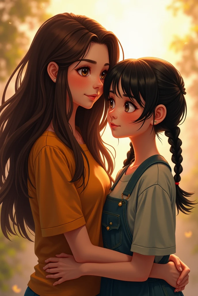 Two best friends, one tall with long brown hair and brown eyes, , and the other shorter in stature with black hair and black eyes with two braids and bangs, .