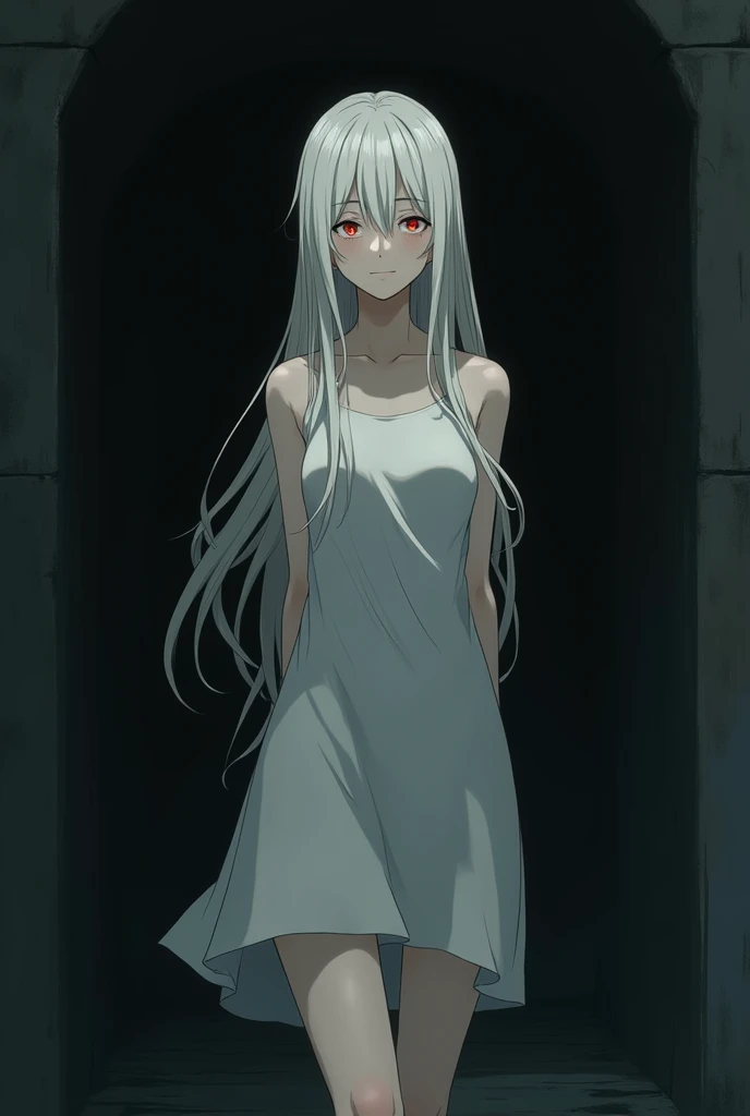 The image is in the style of a Ghibli studio anime., although somewhat gloomy and adult, It features a 20-year-old albino adult woman.. She is standing with her back to a black wall, She has long hair and red eyes. Shown with a smile. She has a white dress that reaches her knees.. strong thighs.