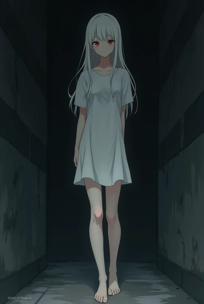 The image is in the style of a Ghibli studio anime., although somewhat gloomy and adult, It features a 20-year-old albino adult woman.. She is standing with her back to a black wall, She has long hair and red eyes. Shown with a smile. She has a white dress that reaches her knees.. strong thighs.