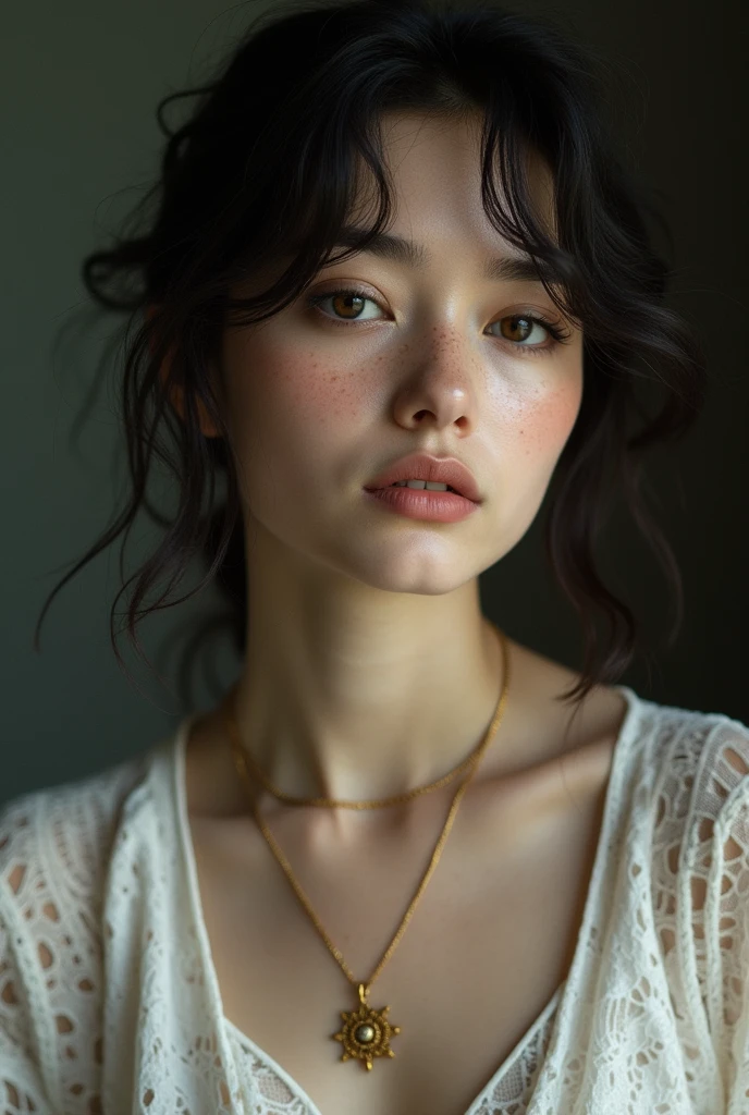 This image shows a portrait of a young woman with delicate features and a serene expression.. He has dark hair, slightly wavy and loose, with some strands falling around her face. His skin is clear, with subtle freckles on the cheeks, and his eyes are of a clear and penetrating tone. She is dressed in a dark blouse, probably lace, which gives it an elegant and antique touch. She wears a necklace with a sun-shaped pendant., and another finer one, *artistic or conceptual portrait.*