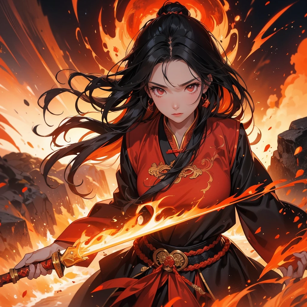 beautiful woman black-haired male general holding a large sword in red ancient Chinese general costume, Surrounded by a volcano erupting, red and orange, surrounded by volcanic rocks, sunset, close up.