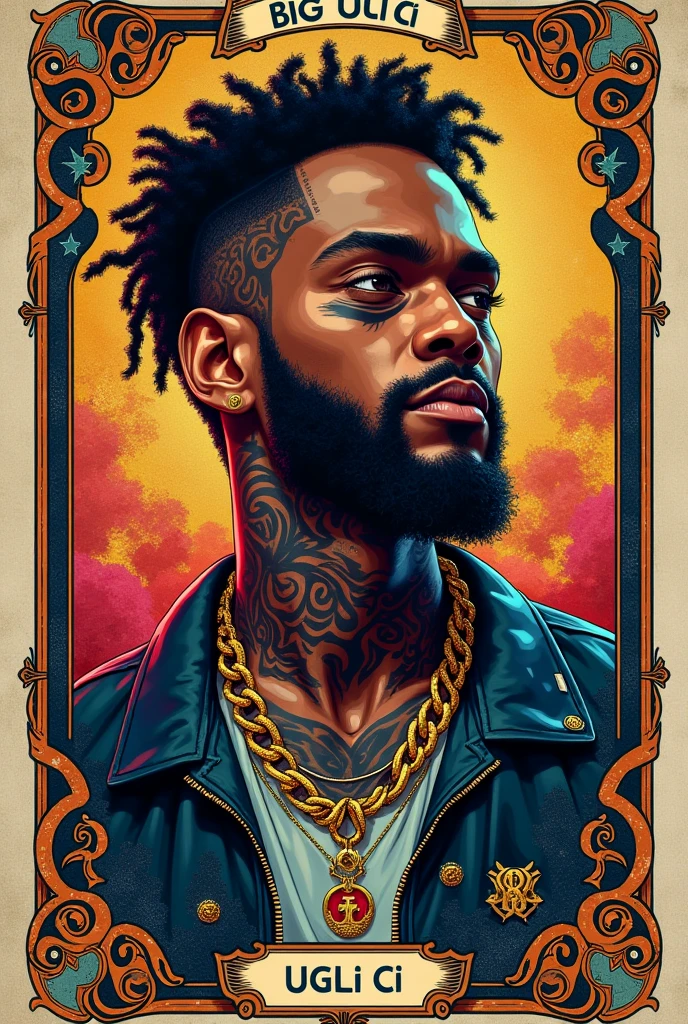 Tarot card featuring Brazilian rapper Big Ugli CI on a more colorful background
