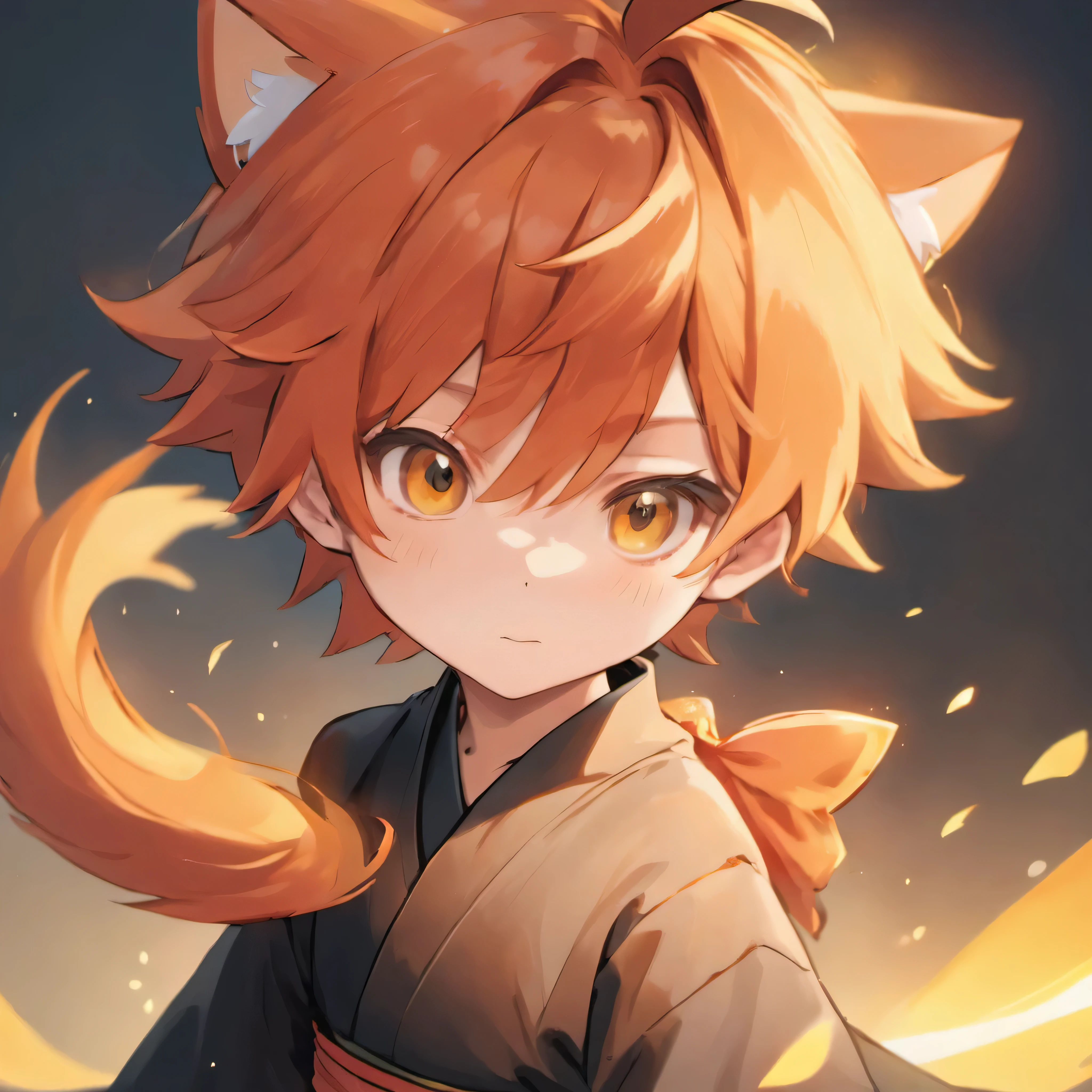 a boy with orange eyes, red hair, low-tied long hair, wearing hanfu, zorro ears, zorro tail, (best quality,4k,8k,highres,masterpiece:1.2),ultra-detailed,(realistic,photorealistic,photo-realistic:1.37),concept art,fantasy,dramatic lighting,cinematic,vibrant colors,intricate details