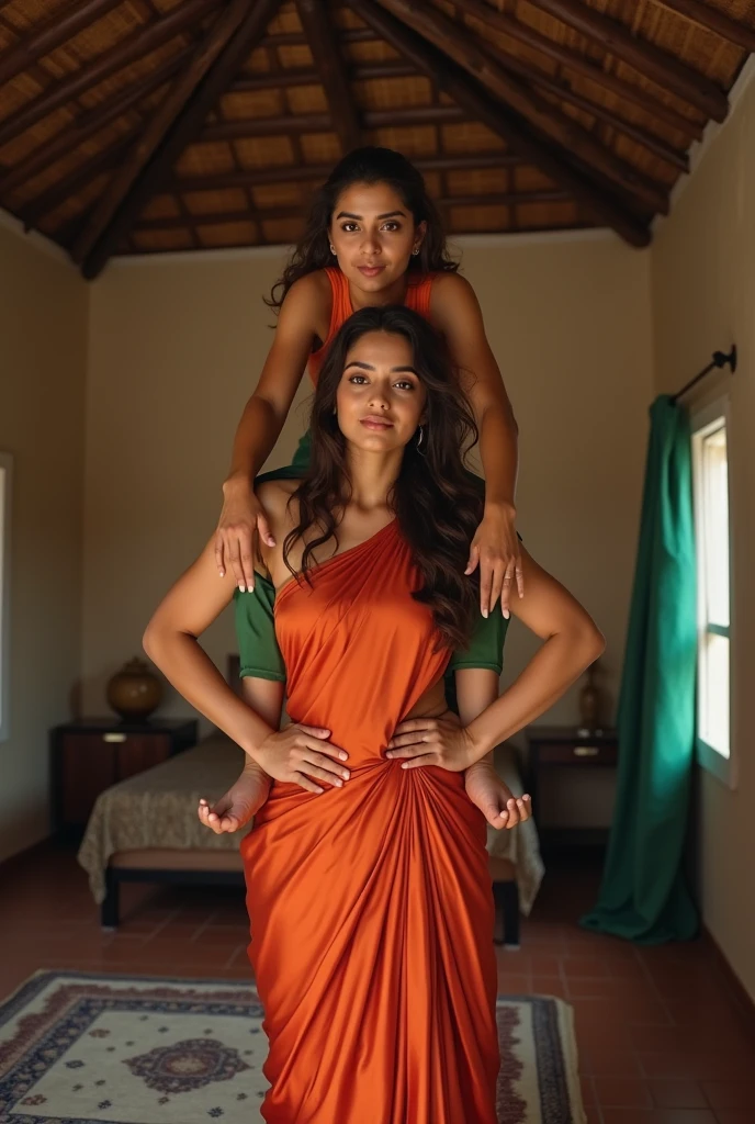 Beautiful and Slim Indian woman Aishwarya Rai inhot blouse satin saree lifting a large chubby fat man above her shoulders, man is sitting on woman's shoulder, in a village bedroom with high ceiling, natural smile, woman is looking into the camera , her hands are on her waist, full image
