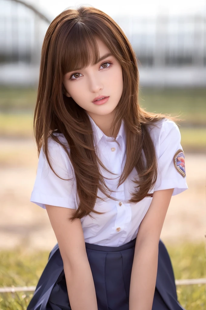 photo, (school uniform:1.4), (schoolyard:1.2), a photorealistic portrait of a stunningly beautiful woman with detailed make-up, extremely detailed eyes, detailed symmetric realistic face, extremely detailed natural texture, messy hair, masterpiece, extremely detailed, (school uniform:1.3), (schoolyard:1.5), amazing, fine detail, rich colors, hyper realistic lifelike texture, dramatic lighting, trending on artstation, looking at the viewer, photo realistic, RAW photo, brown hair, (short hair), high quality, sharp focus, extremely detailed, cinematic lighting, 8k uhd, ab, Best quality, masterpiece, ultra high res, (photorealistic:1.4), 1girl, shiny skin, Best quality, masterpiece, ultra high res, (photorealistic:1.4), 1girl, deep shadow, shiny skin, Gorgeous 22-year-old woman resembling Bella Thorne, short bangs, soft pale skin,