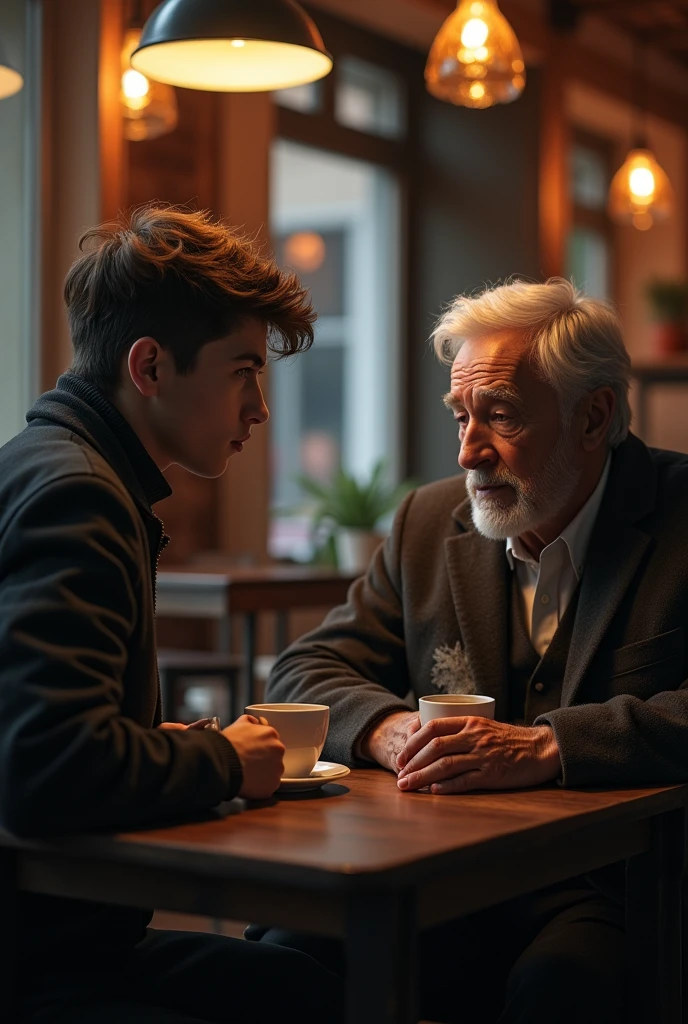 A sad 20 years old boy talking with a 70 years old man