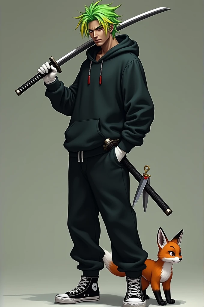 Man with green hair and yellow tips and red eyes with a katana, with a black hooded sweatshirt and soft black pants with white gloves, dark skin tone, but of course, with a psychopathic look, with black and white tennis shoes and 2 small knives, with a fox, with red earrings