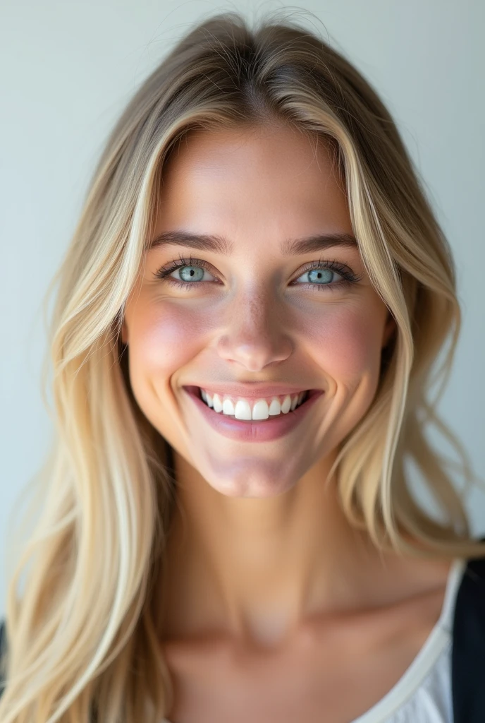 Belle fille de 20 ans, realistic, long hair, blond clair, blue eye, souriante, dent blanche, smooth hair, très realistic, photo identité, sur fond png