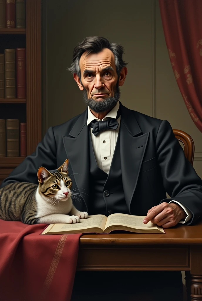 Abraham Lincoln sitting with a cat on the table