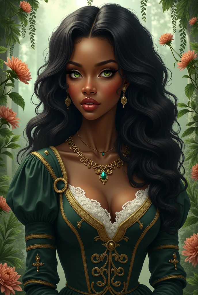 Make it in the style of the anime Delicos Nursery. From an adult BLACK woman with long black curly hair, green eyes wearing a victorian outfit.