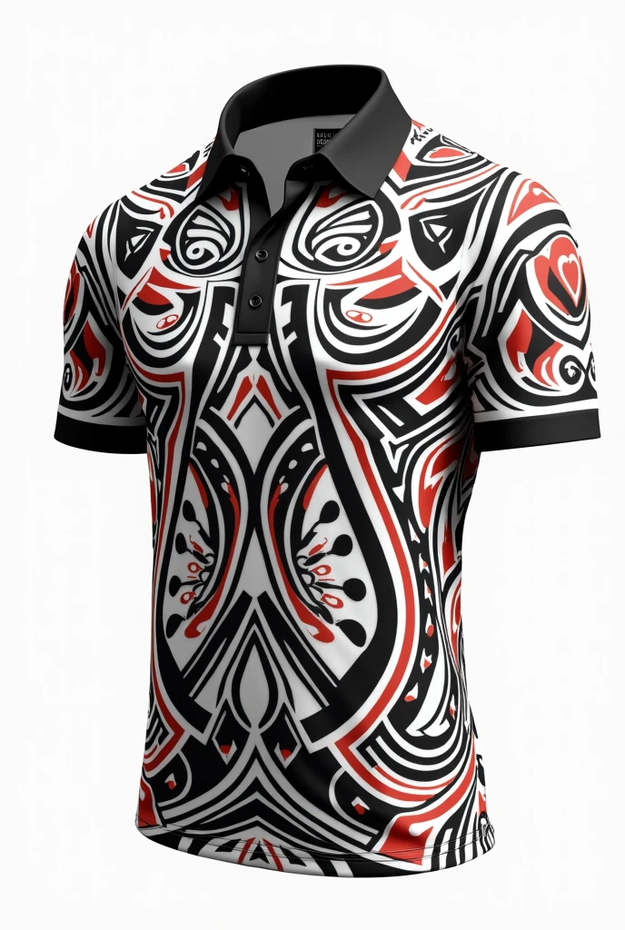 Create collar shirt black collar black red white Maori tribe pattern white background