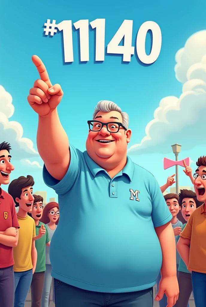 Cartoon de Um homem, a little overweight, looking 50 years old, in a light blue polo shirt, on the shirt it says MT, The man is in the middle of a crowd, pointing a finger on each hand upwards, and a number 11140 in the sky.