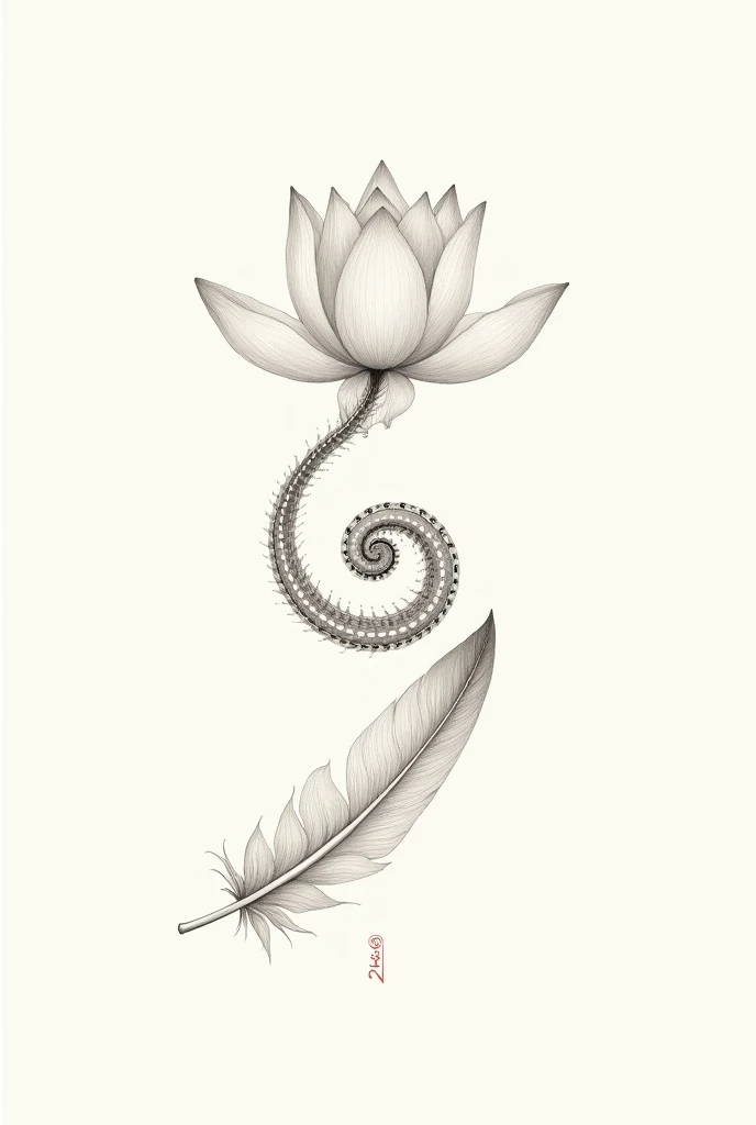 drawing (touch) of a feather stuck to a unalome and this to a lotus flower. All together. The feather at the bottom and the lotus flower above in the middle the spiral unalome. The pen down