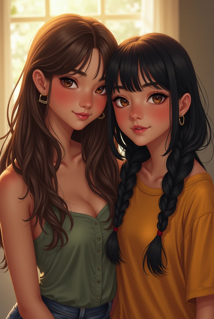 Two best friends, one tall with long brown hair and brown eyes, , and the other shorter in stature with black hair and black eyes with two braids and bangs, .