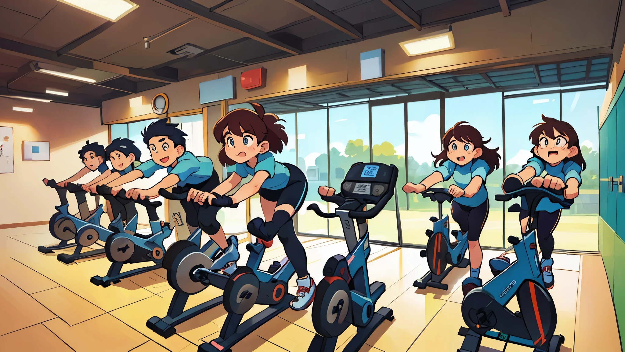 Cartoon Style，there are many people on exercise bikes in a 健身房