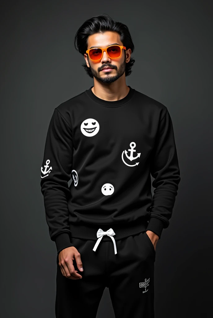 25-year-old dark-haired man, with dark brown eyes, medium-length black wavy hair, modern black anchor beard, wearing a black long-sleeved shirt with white emoji designs, with orange sunglasses and black sweatpants with a white bow on a dark gray background.