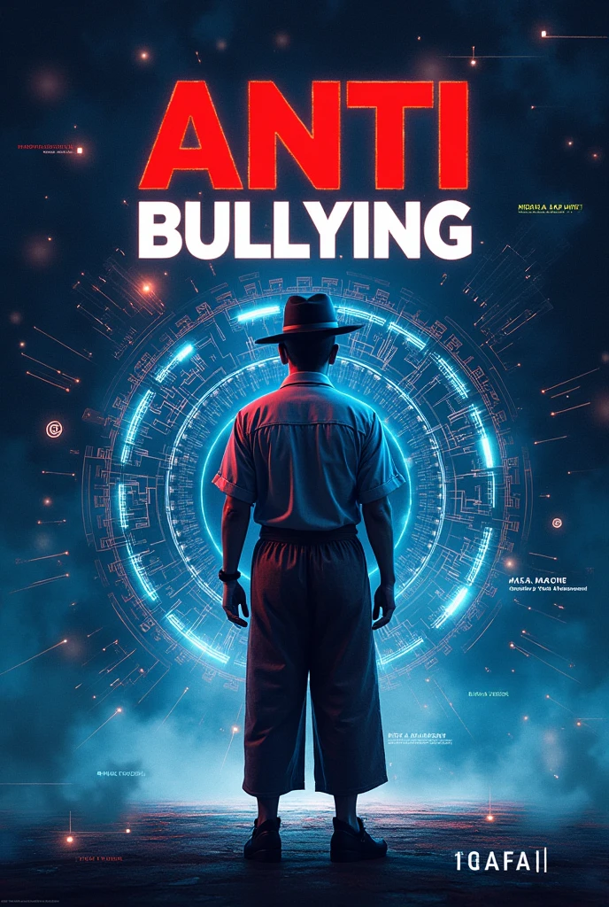 Illustrate: create a poster slogan with a guy uses filipino barong and hat, and its concept is stop bullying: use the concept of MEDIA LITERACY, TECHNOLOGY LITERACY, AND INFORMATION LITERACY