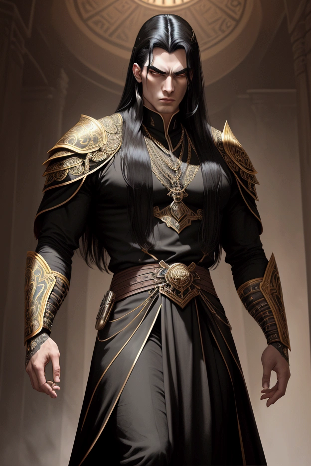 A portrait of a tall, imposing man with white pale skin and finely chiseled, angular features. His long, straight black hair falls elegantly over his shoulders, silky and glossy. He has dark, piercing eyes that exude a cold, calculating presence, framed by defined eyebrows. He wears ostentatious black clothing, intricately detailed with golden embroidery in ornate Orite patterns. He carries a pair of finely ornamented, high-quality daggers at his side, and a matching large claymore strapped to his back. His demeanor is serious and intimidating, with a quiet and commanding presence that suggests both determination and egoism. The background is a dimly lit, ancient fortress, with shadows highlighting his formidable stature.