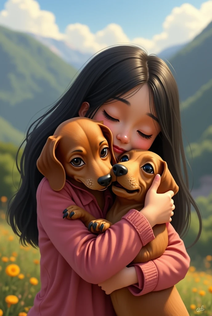 from this platform: "There is a small dachshund that has many white freckles on its nose, mouth and face., She has a light brown body and a ager who is hugging her, straight black hair and brunette in Guaranda Ecuador.
