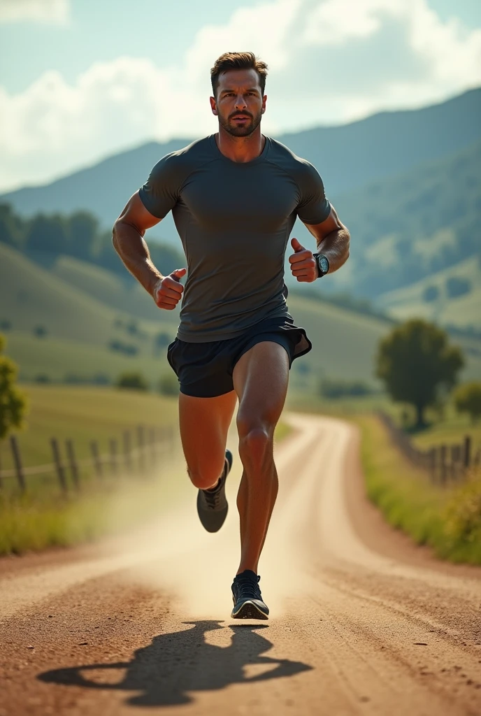 One hard working men , running in the road, watch in background, wearing shorts pant,