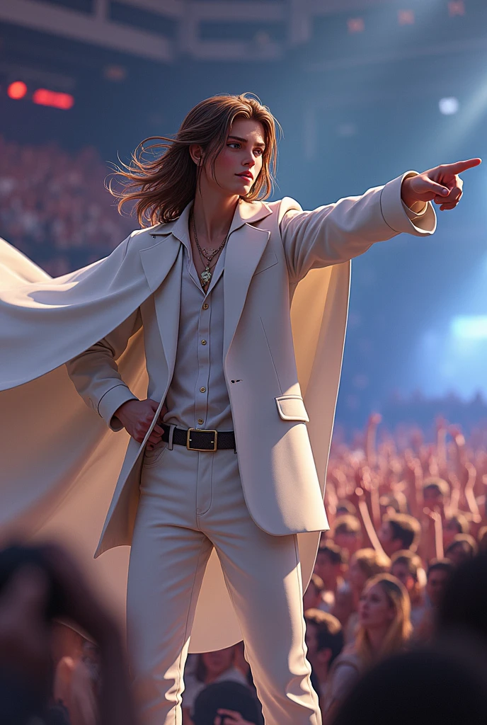 artwork best quality handsome american male teenager long brown hair light skin with white cape and hooded coat on head white long sleeve shirt and white pants underneath intricate details singing holding a microphone seen from afar pointing at the audience at a concert with details uhq 8k