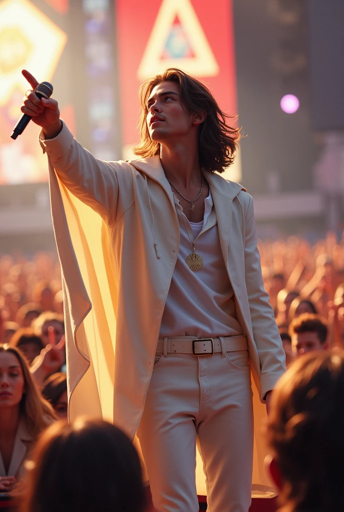 artwork best quality handsome american male teenager long brown hair light skin with white cape and hooded coat on head white long sleeve shirt and white pants underneath intricate details singing holding a microphone seen from afar pointing at the audience at a concert with details uhq 8k