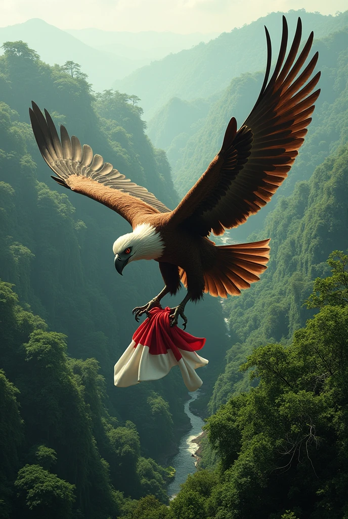 (photorealism:1.2), a large garuda bird, flying over the Indonesian forest and its feet clutching a cloth with an inscription "MAJULAH INDONESIAKU"