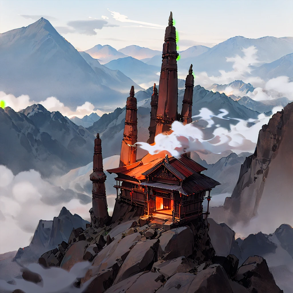 There is an old temple in a valley filled with smoke. epic, high detail, 8k