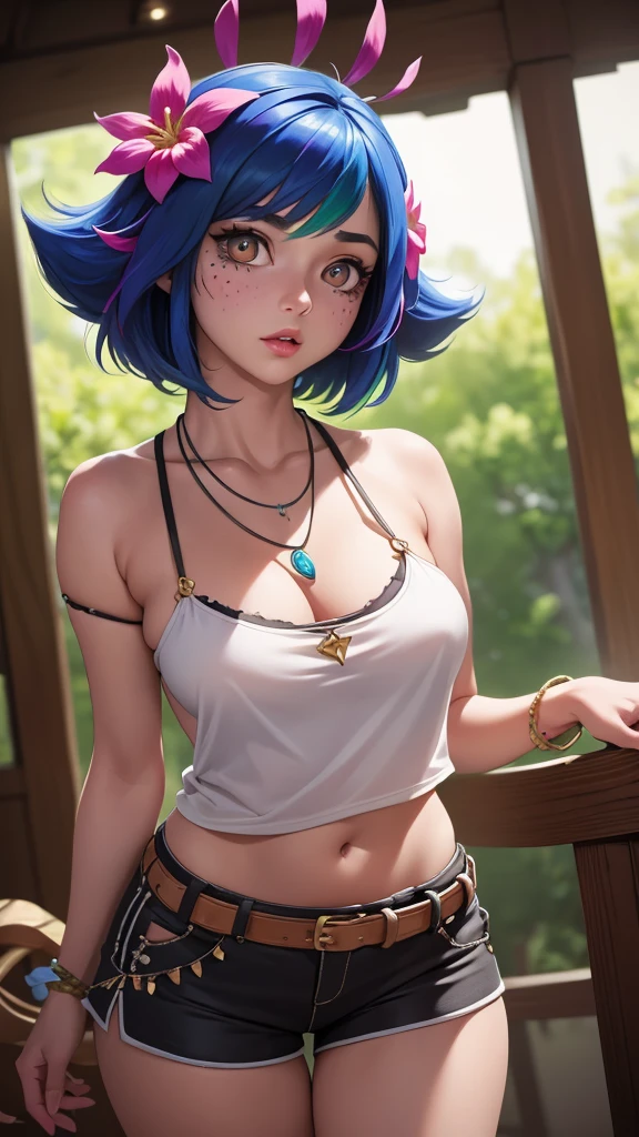 masterpiece,(best quality,top quality,8k),ultra detailed,illustration,painting,detailed eyes and face,1girl,neeko,facial marks, hair ornaments, hair flower, necklace,black shorts, (white t-shirt:1.1),(short hair), pretty girl, beauty skin, ultra high res, raw photo , detailed body , (looking at viewer ),(puffy eyes) ,good contrast , high sharpness,(gorgeous),realistic,RAW Photography,(hyperdetailed:1.2)
