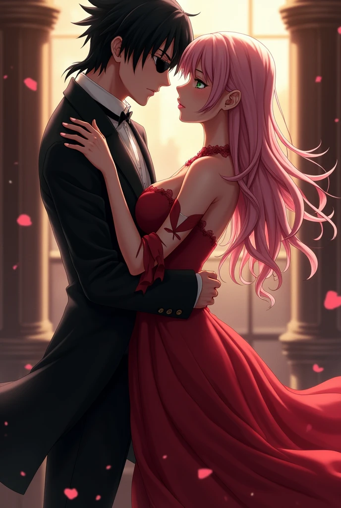 Sasuke Uchiha a 30 year old adult with black eyes and hair wearing an eye patch and wearing an elegant black suit hugging Sakura Haruno a 20 year old with long light pink hair and jade green eyes wearing a long red dress, both looking forward