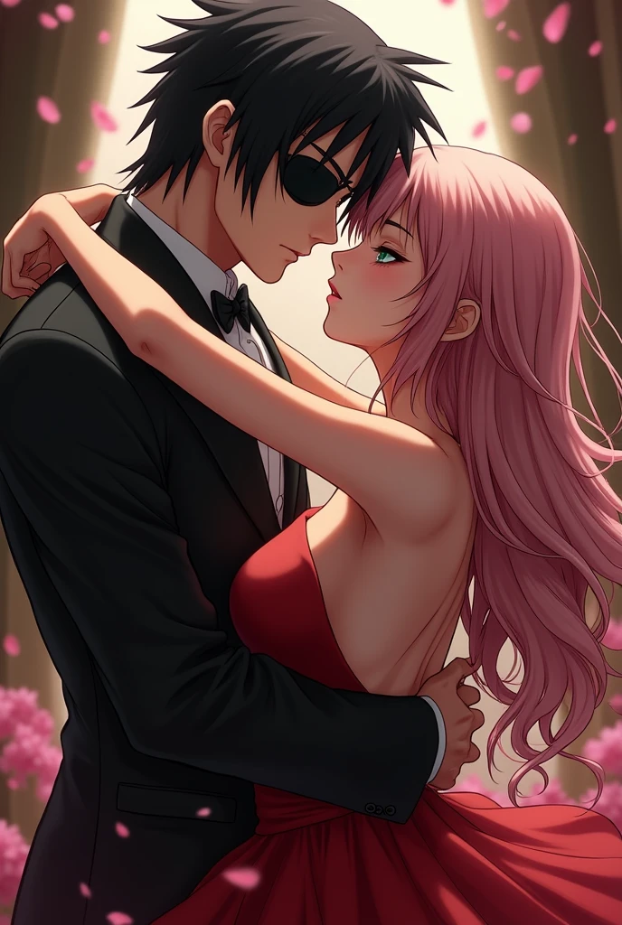 Sasuke Uchiha a 30 year old adult with black eyes and hair wearing an eye patch and wearing an elegant black suit hugging Sakura Haruno a 20 year old with long light pink hair and jade green eyes wearing a long red dress, both looking forward
