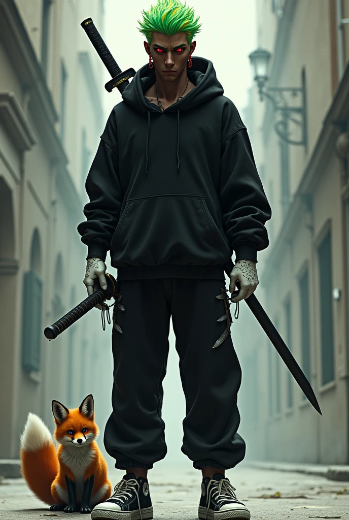 Man with green hair and yellow tips and red eyes with a katana, with a black hooded sweatshirt and soft black pants with white gloves, dark skin tone, but of course, with a psychopathic look, with black and white tennis shoes and 2 small knives, with a fox, with red earrings