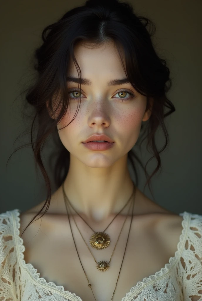 This image shows a portrait of a young woman with delicate features and a serene expression.. He has dark hair, slightly wavy and loose, with some strands falling around her face. His skin is clear, with subtle freckles on the cheeks, and his eyes are of a clear and penetrating tone. She is dressed in a dark blouse, probably lace, which gives it an elegant and antique touch. She wears a necklace with a sun-shaped pendant., and another finer one, *artistic or conceptual portrait.*