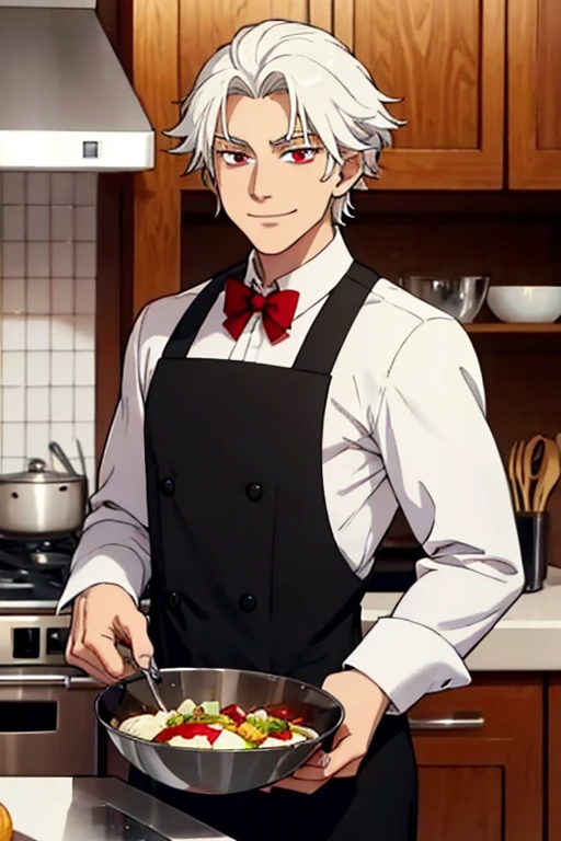 Perfect face. Perfect hands. A young white haired man with red eyes in a butler uniform is cooking while smiling in a fancy kitchen