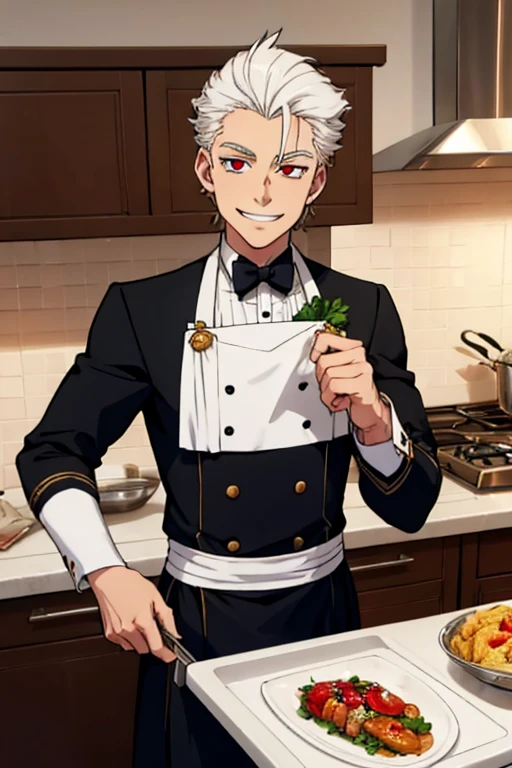 Perfect face. Perfect hands. A young white haired man with red eyes in a butler uniform is cooking while smiling in a fancy kitchen