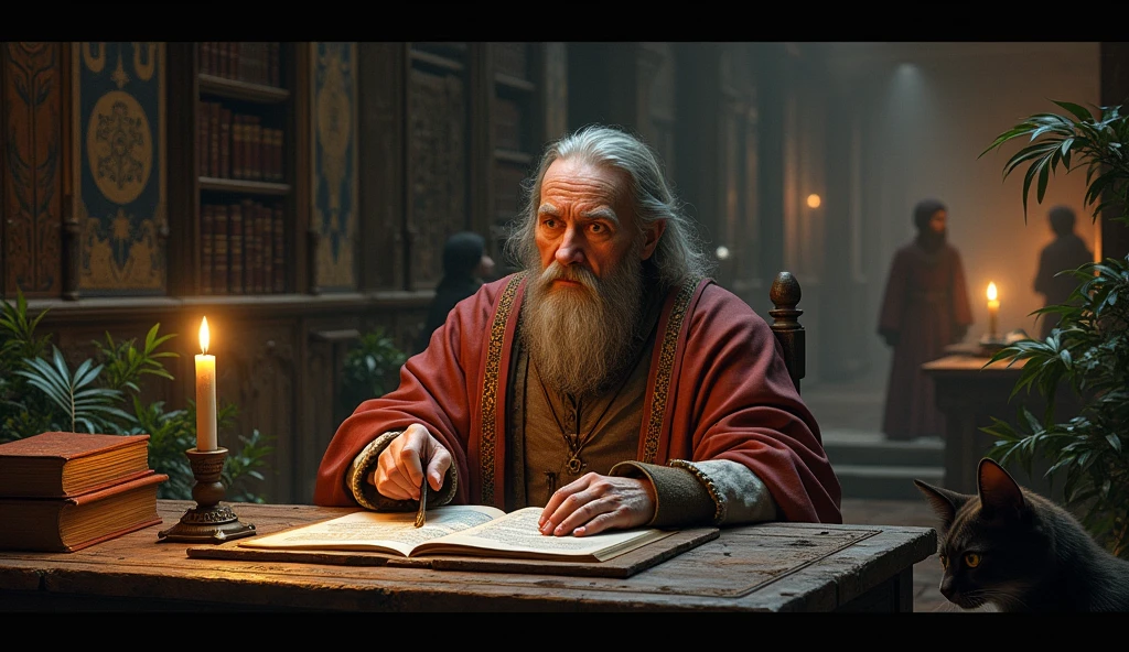 Michel Nostradamus in a temple on a table full of books from his time with a candle and a cat on the table, behind a bookshelf full of books and some plants, in addition to placing some people talking to him