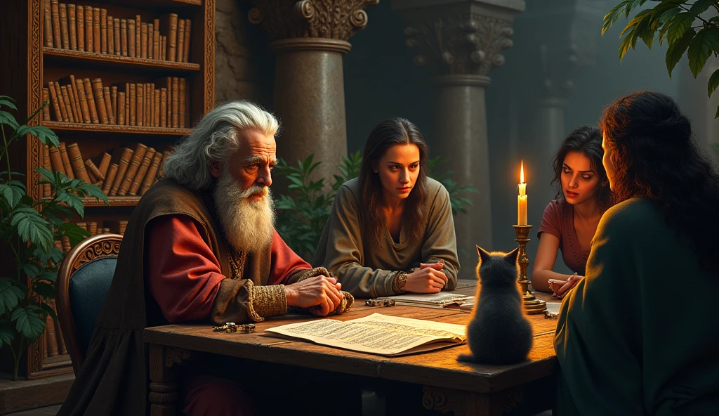 Michel Nostradamus in a temple on a table full of books from his time with a candle and a cat on the table, behind a bookshelf full of books and some plants, in addition to placing some people talking to him