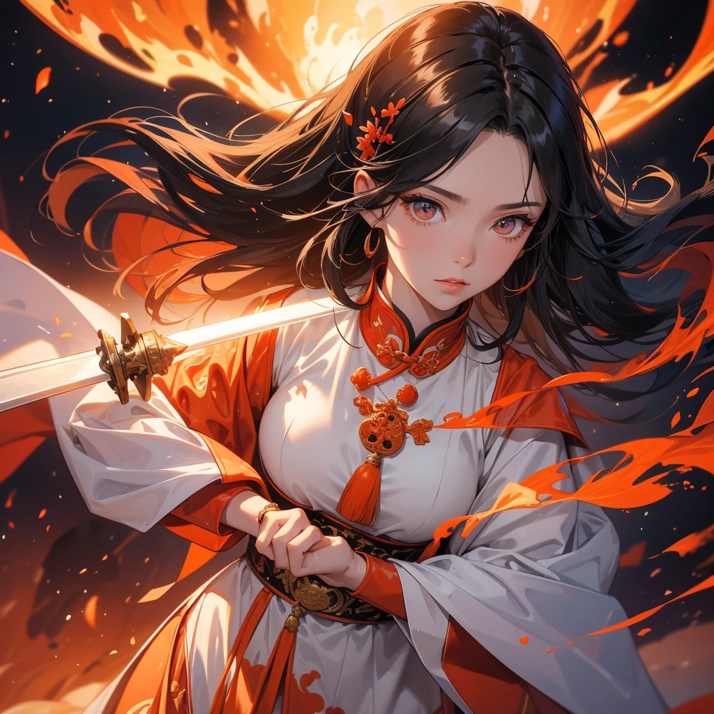 beautiful woman black-haired male general holding a large sword in white ancient Chinese general costume, Surrounded by a volcano erupting, red and orange, surrounded by volcanic rocks, sunset, close up.