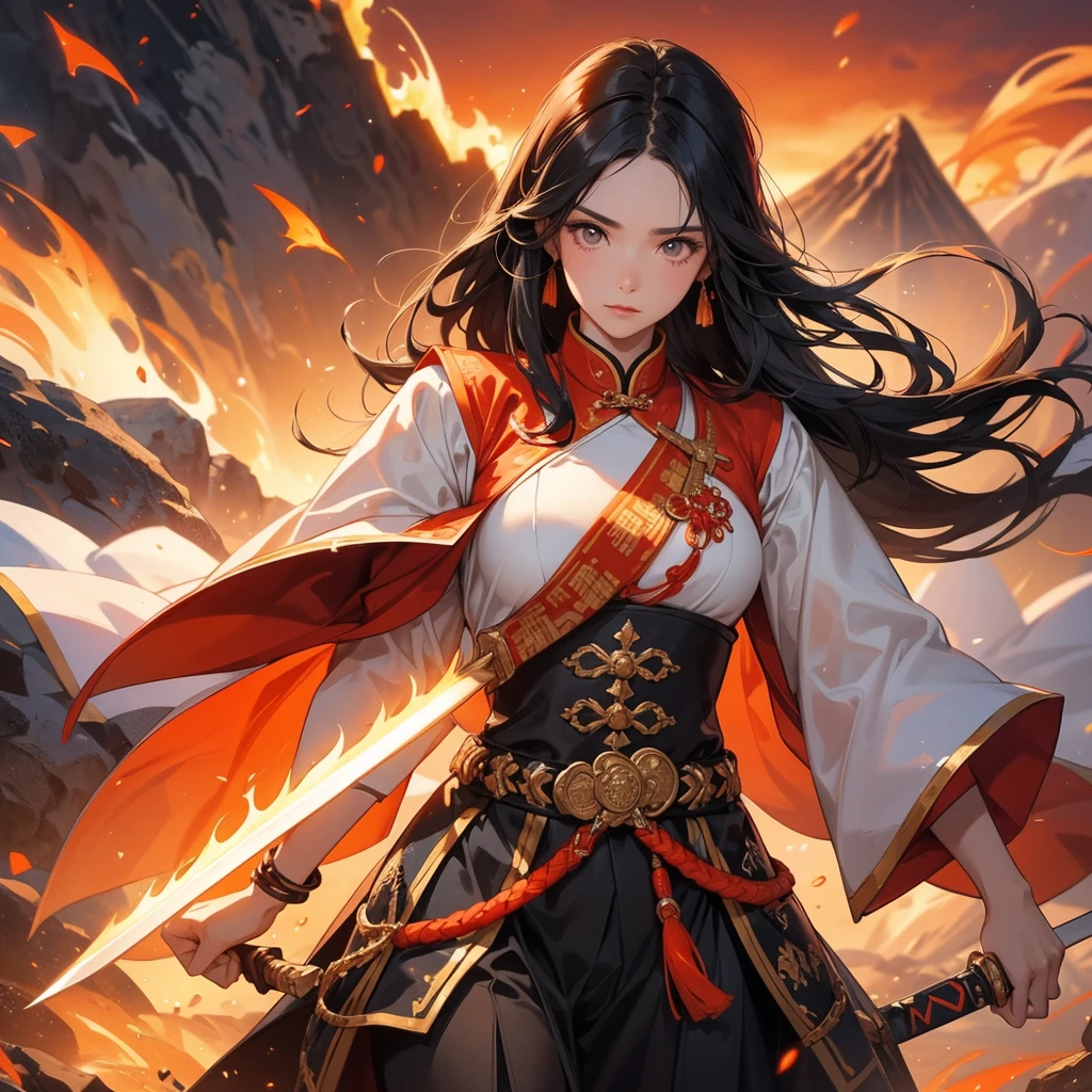 beautiful woman black-haired male general holding a large sword in white ancient Chinese general costume, Surrounded by a volcano erupting, red and orange, surrounded by volcanic rocks, sunset, close up.